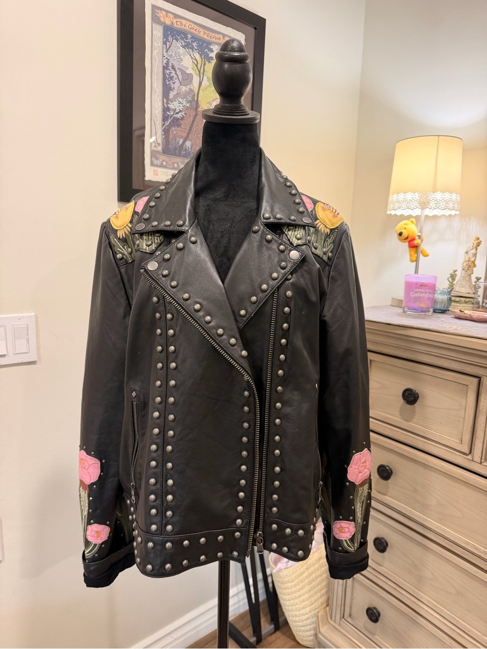 Idyllwind Black Leather Studded Moto Jacket with Pink & Yellow Floral Embroidery